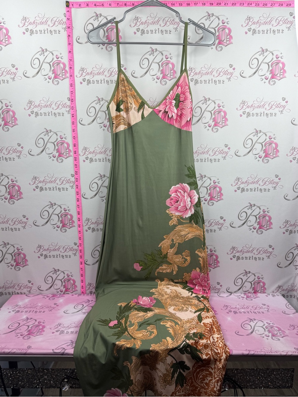 Dress long flowers Olive Green Floral Slip Dress with Pink Rose Accents